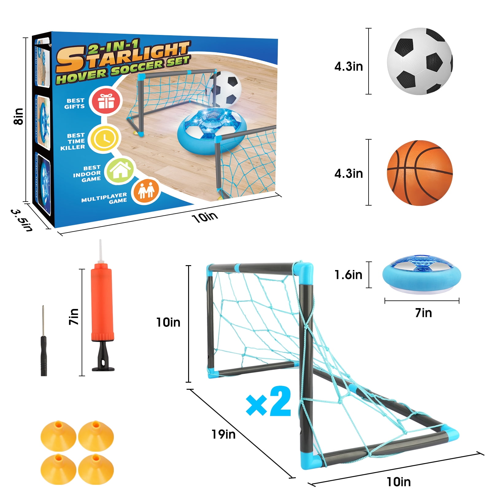 Growsly 2 in 1 Starlight Hover Soccer Ball Set Sport Indoor Toys Projector Rechargeable Air for 3-10 Years Old Kids, Light Blue