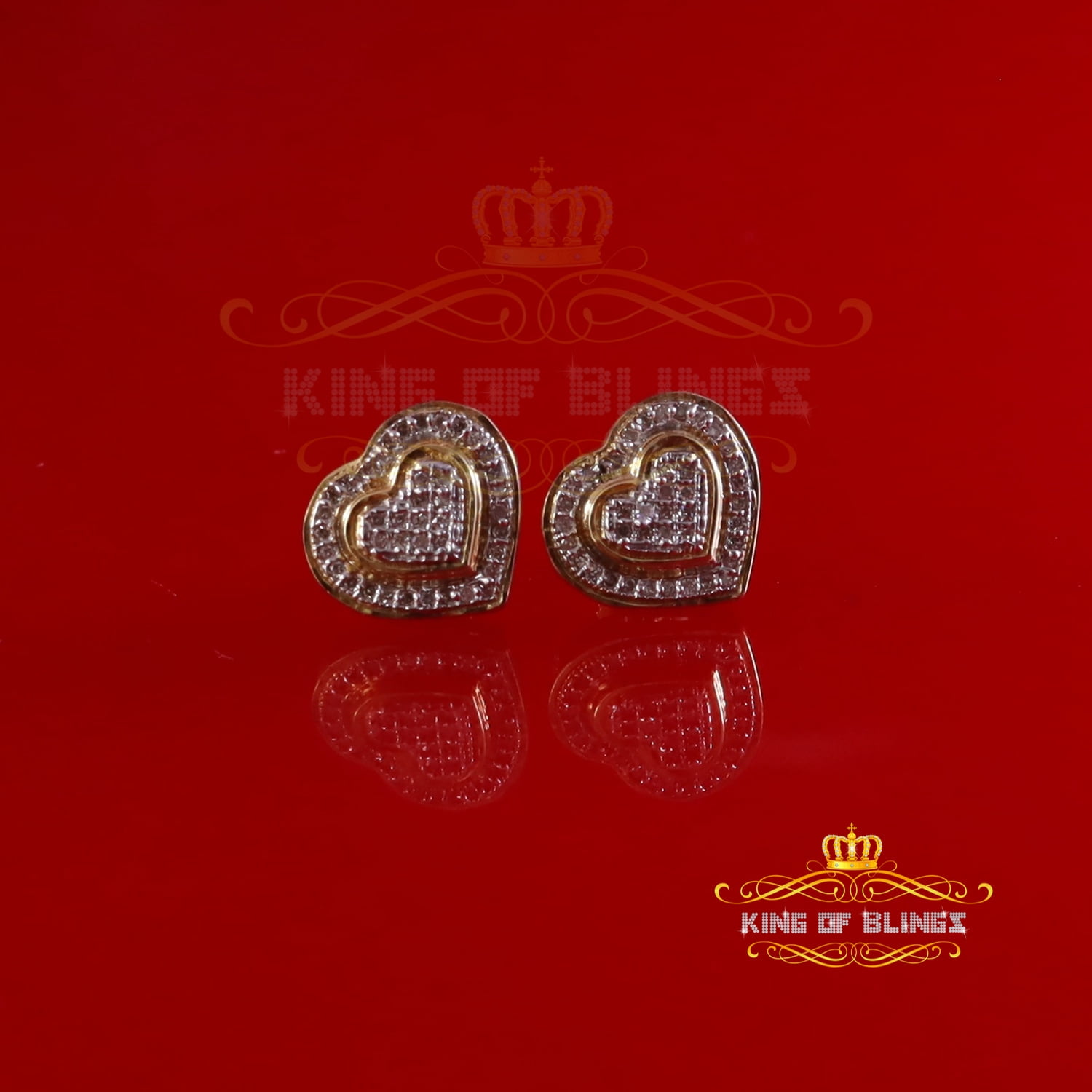 King of Bling's Real 10K Yellow Gold Heart Stud Earring with 0.25CT Diamond For Women And Men