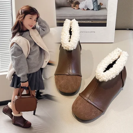 

2024 Children Short Boots for Girls Winter New Fashion Korean Style Soft Bottom Anti-slippery Versatile Chic Trendy Leather Shoe (Brown 25)