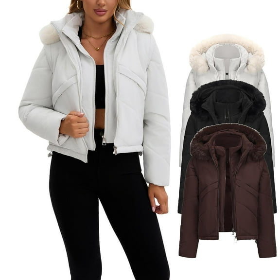 FRSASU Women's Winter Warm Hooded Jacket Detachable Hat Solid Zip Long Sleeve Cotton Coat with Pocket White XL(XL)