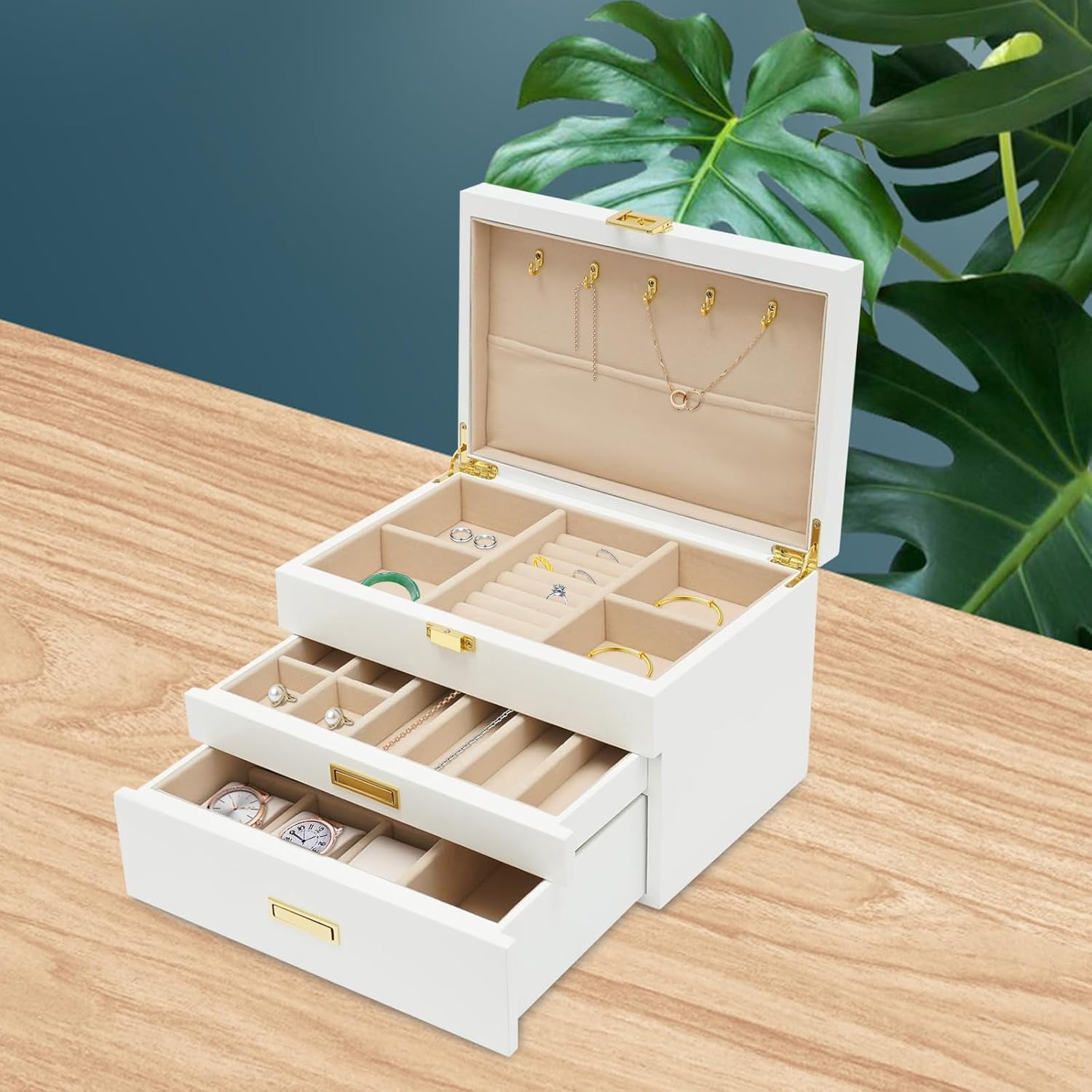 Women 3 Layers Wooden Jewelry Box for Jewelry Organizer Drawer Jewelry Display Box with Soft Velvet Lining for Ring Necklace Earring Bracelet (White)