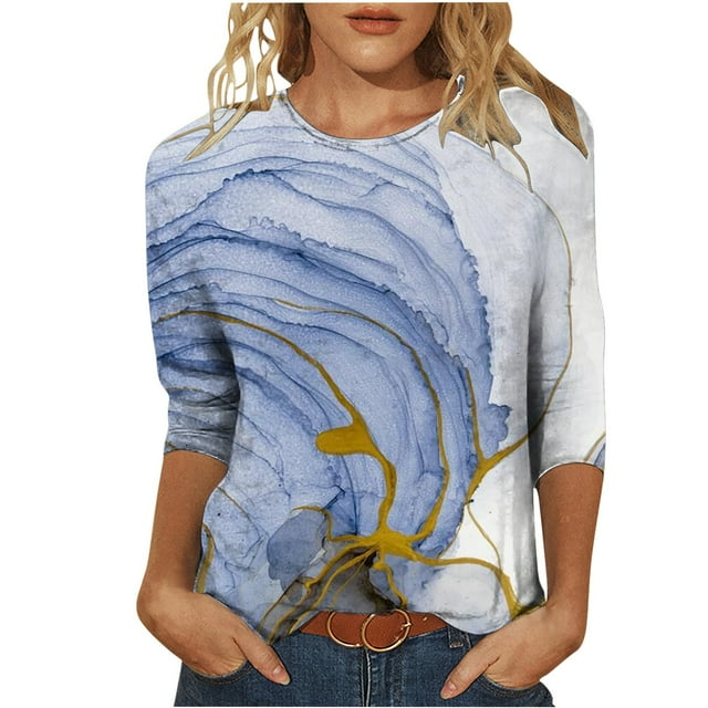 HKEJIAOI Hauts à Manches 3/4 Womens Imprimé Floral Tunique Blouse L Summer Tops