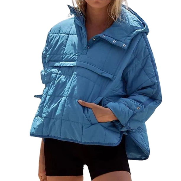 Chaqueta Acolchada Oversize para Mujer, Estilo Dolman, con Capucha, Larga, Cálida y Estilo Top Azul M