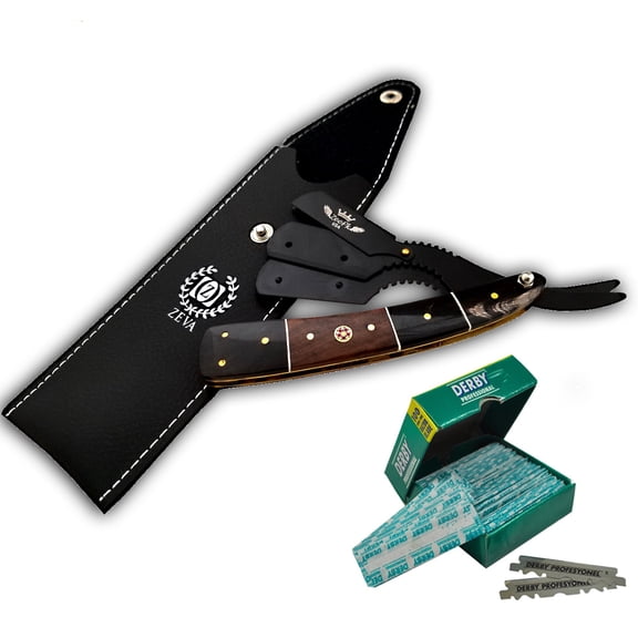 100 BLADES PROFESSIONAL USA Straight Razor Custom Steel Blade Buffalo Horn w/ Wood Barber Shaving Knife