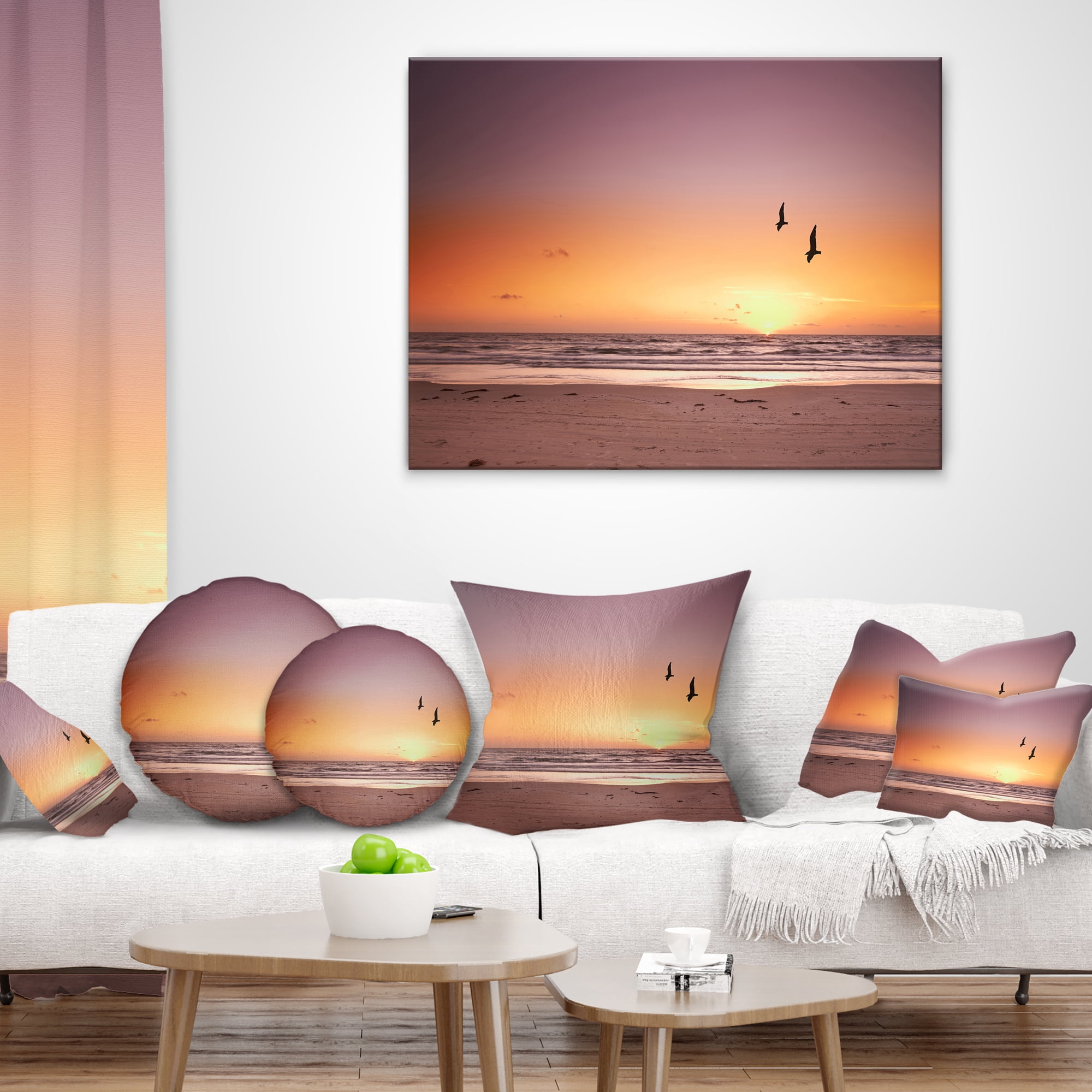 Designart Beach Sunset and Sea Gulls - Modern Seashore Throw Pillow - 18x18
