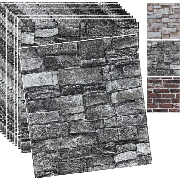 20PCS 3D Wall Panels Peel and Stick 3D Brick Wallpaper Peel and Stick Faux Stone Wall Panel Foam Brick Self-Adhesive Wallpaper (Black 20pcs)