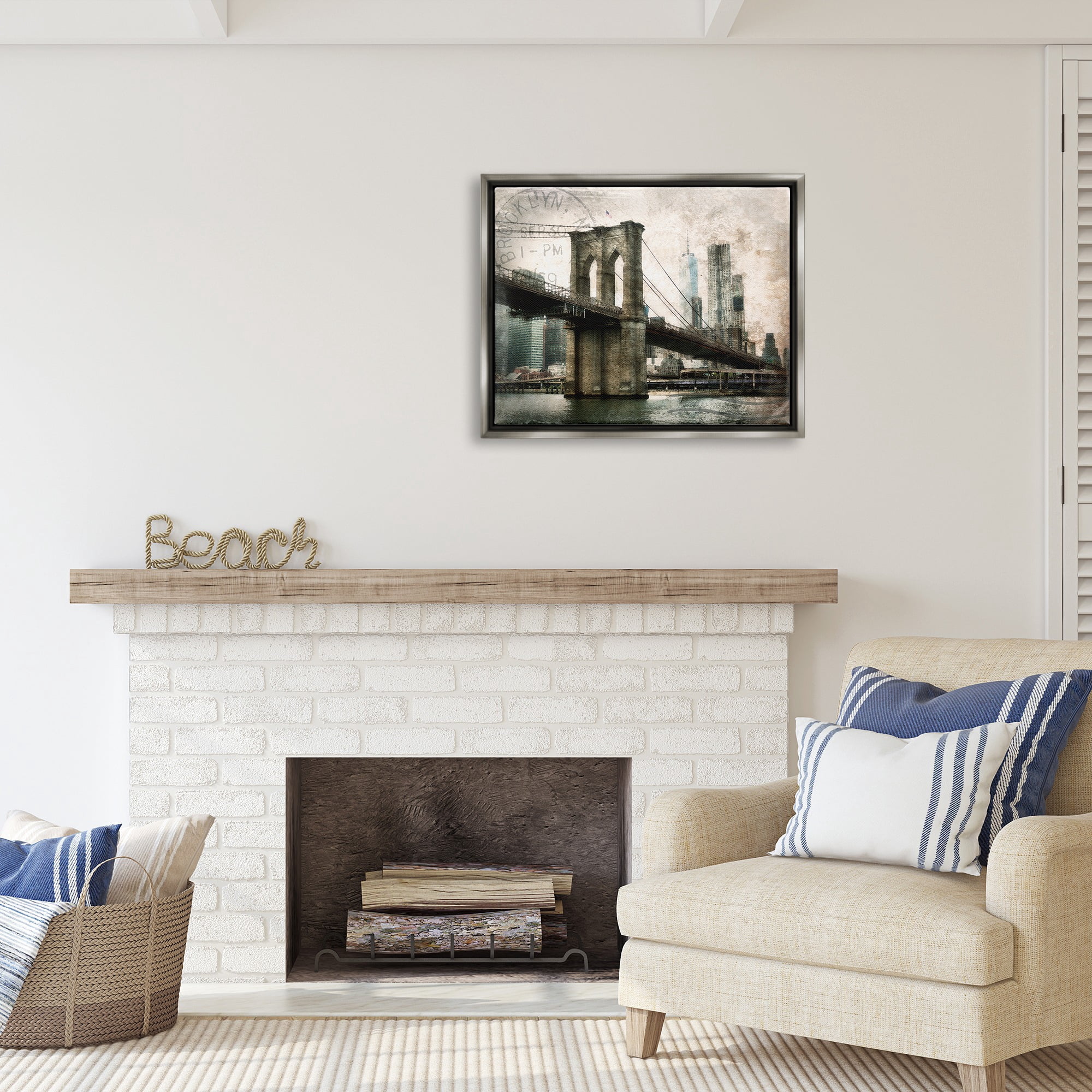 Stupell Industries Vintage Brooklyn Bridge Abstract Painting Gray Floater Framed Canvas Art Print Wall Art, 31 x 25