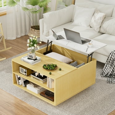 PPorfamilia Square Lift Top Coffee Table with Storage for Living Room, Natural and White