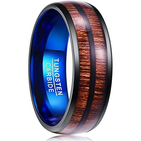 8mm Men's Wood Tungsten Ring Black Blue Wedding Band Brushed Finish Center Dome Style
