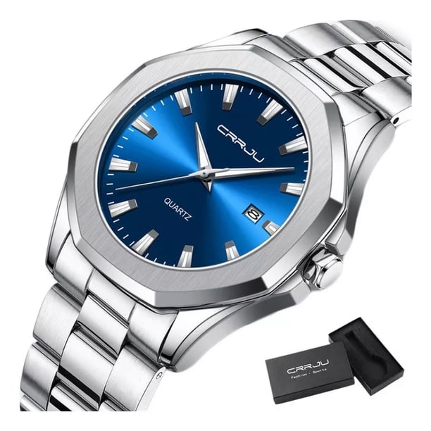 Reloj deportivo Crrju Calendar luminoso de acero inoxidable con fondo plateado/azul