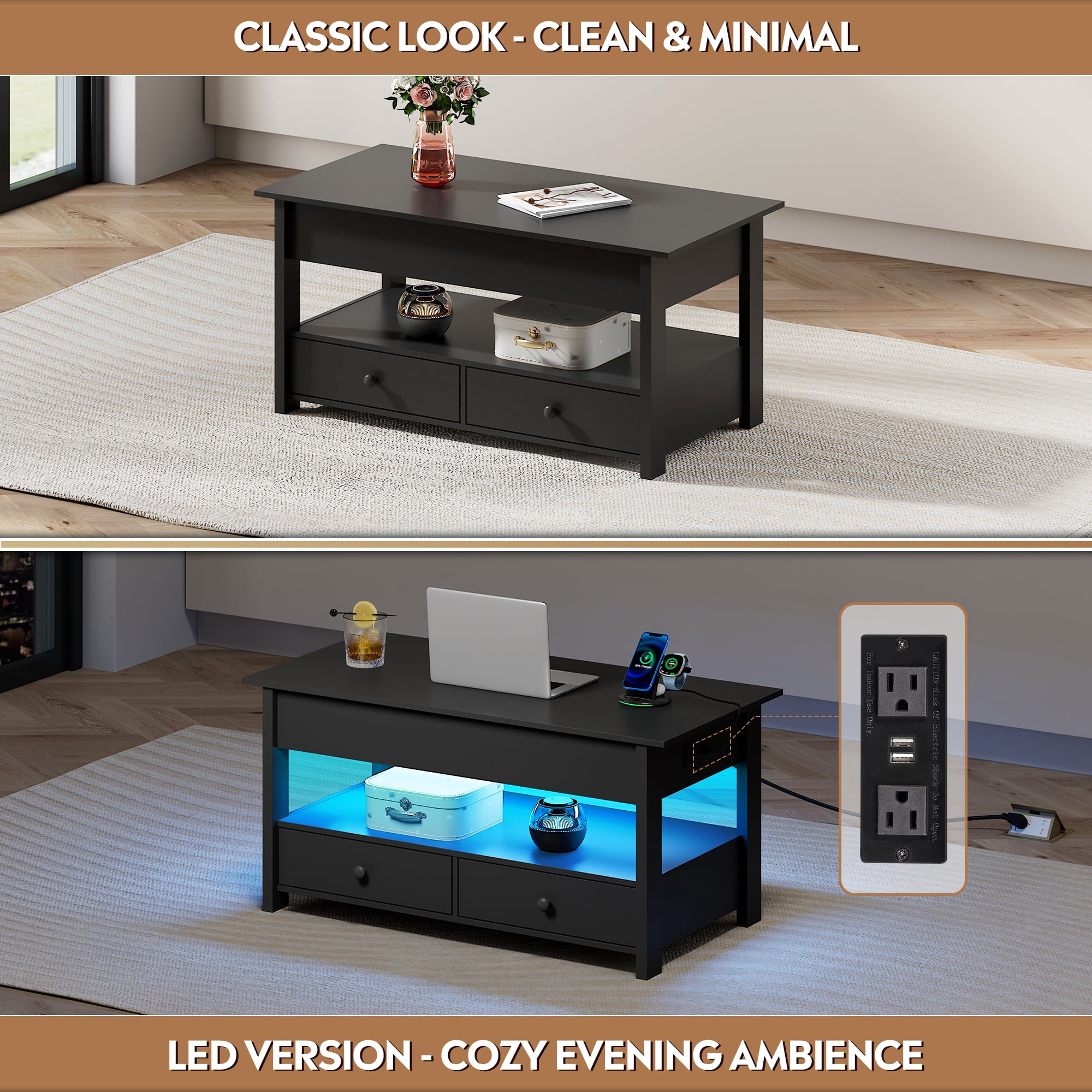 GALAXHERO Lift Top Coffee Table for Living Room Table with 2 Drawers & LED Light & Large Storage and Open Shelf Black