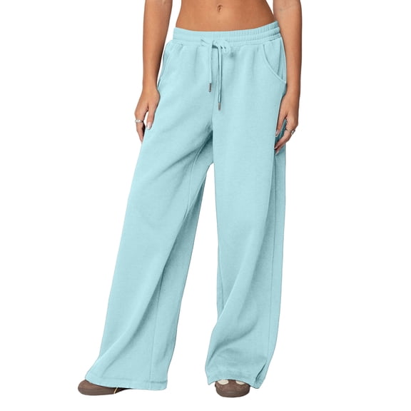 WULMLEO Wide Leg Sweatpants for Women Fleece Lined Baggy Sweat Pants Comfy Airport Travel Outfits Athletic Joggers Sky Blue XL