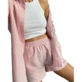 thumbnail image 2 of LYMAYTER Women Casual Suit Striped Long Sleeve Shirt Soft Shorts Comfy Lounge 2-Piece Outfit S-XL, 2 of 7