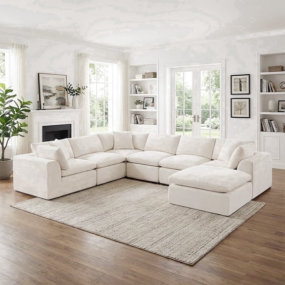 139" Oversized Modular Sectional Sofa with Movable Ottoman, 7 Seater Chenille Boneless Cloud Couch for Living Room, No Assembly Required, Beige