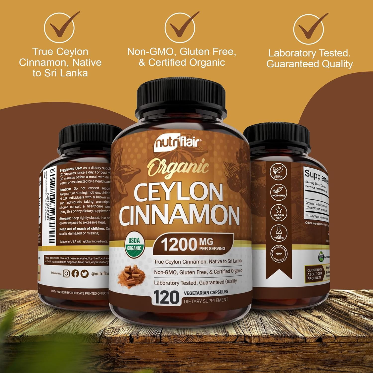 NutriFlair Organic Ceylon Cinnamon 1200mg per Serving Dietary Supplement, 120 Capsules