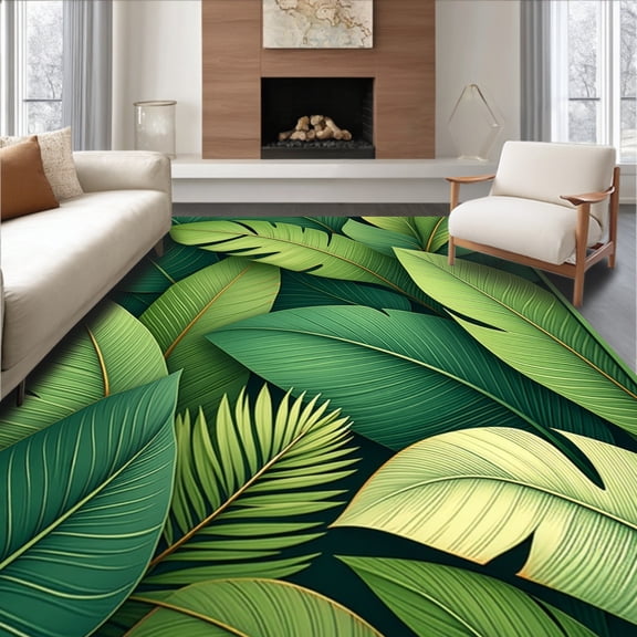 ODIKA 4'x6' Machine Washable Non-Slip Area Rug, Tropical Inspired with Leafy Motif High Traffic Rug, Lime, 281716