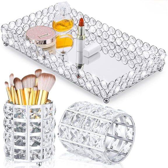 Silver 3 Piece Crystal Perfume Tray Set, Mirrored Vanity Cosmetic Organizer with Brush Holder, Square Dresser Decor for Bathroom