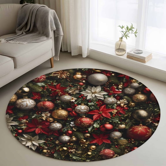 Round Rugs 3.3Ft, Christmas Round Area Rug Washable Indoor Throw Carpet, Poinsettia Xmas Balls Snowflake Soft Non Slip Circle Rug for Laundry Room Patio Home Decor Aesthetic