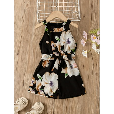 

Sleeveless Toddler Girls Floral Print Belted Halter Jumpsuit Romper S221904X Multicolor 110(4-5Y)