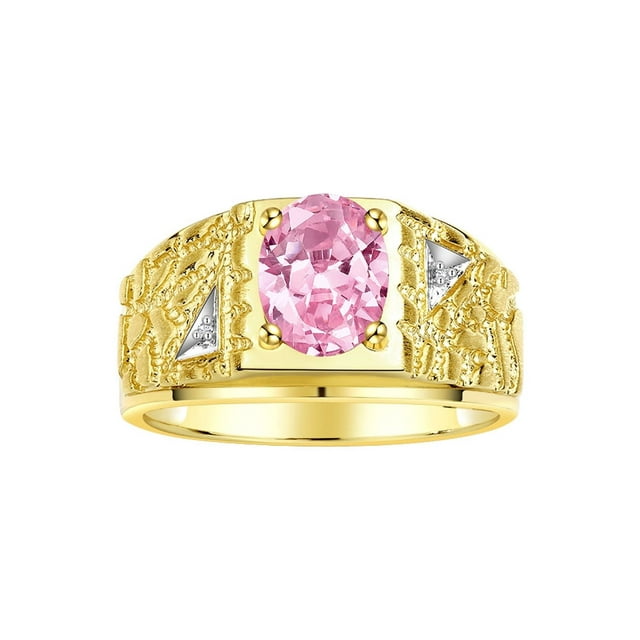 RYLOS Men's Rings 14K Yellow Gold Designer Nugget Ring Oval 9X7MM Gemstone & Diamonds Pink Ice October Birthstone Rings For Man Size 11