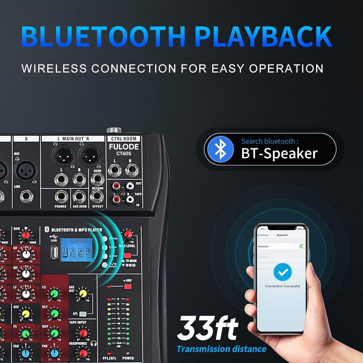 6 Channel Mixer Audio Console, CT-60S Professional Music Mixer DJ Mixing Board with Reverb Bluetooth MP3 Player 48V Phantom Power Supply USB Recording for Studio Karaoke Live Performance