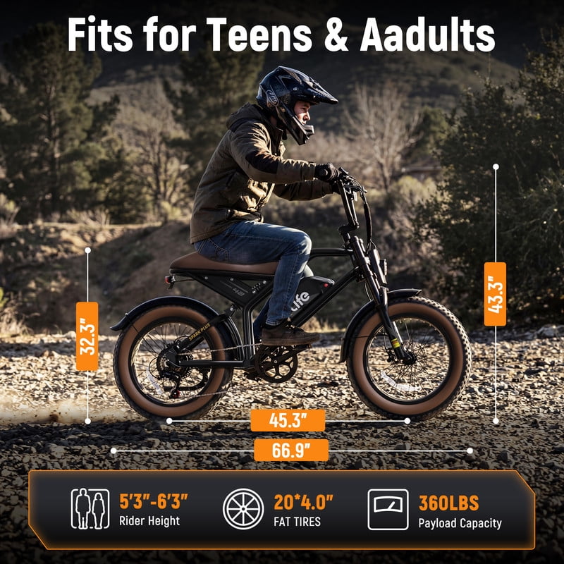 Plus Electric Bike for Adults, 1500W Peak 28 MPH 20" Fat Tires Electric Bicycle with Dual Suspension & Brakes Motorcycle, E-Bike Black & Brown