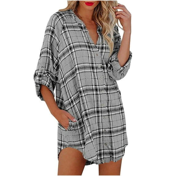 Long Sleeve Shirts for Women Long Sleeve Workout Shirts for Women Women Casual Loose V Neck Buttons Plaid Print Long Sleeve Pockets Mini Shirt Dress Flannel Shirts for Women Gray,L