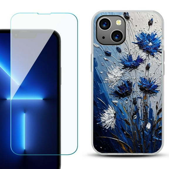 Slim-Fit TPU Phone Case for iPhone 14, with Tempered Glass Screen Protector, by OneToughShield ® - Cornflower