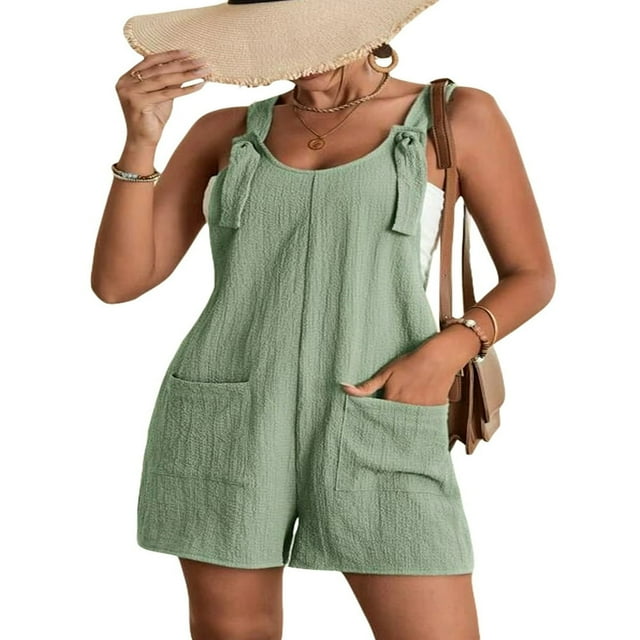 MesaSe Salopette Courte à Bretelles pour Femme en Coton et Lin, Été, Bretelles Ajustables, Combinaison Short, Sans Manches, Jambe Grand, Ample