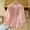 thumbnail image 2 of Uqiangy Linen Shirts for Women Summer 2025 Retro Embroidered 3/4 Sleeve Boho Tops Dressy Blouses Teacher Loose Tunics Cotton Peasant Blouses For Women Cotton Eyelet Tops For Women Pink M, 2 of 4