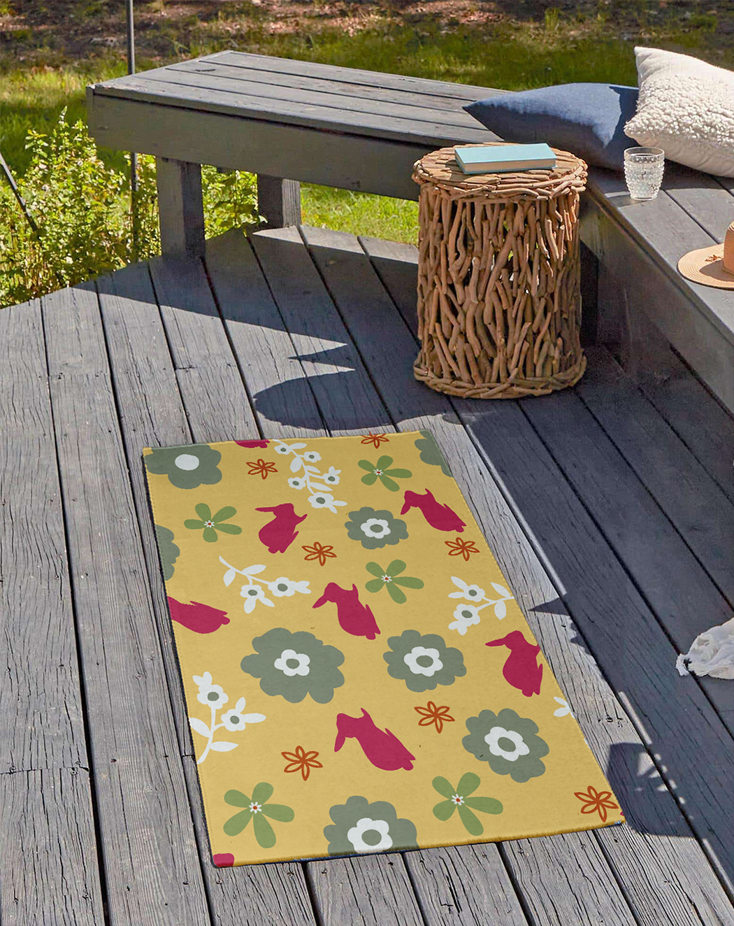 24" 36" Simply Daisy Flowery Love with Bunnies Traditional Chenille Area Rug, Daffodil Yellow-Pink