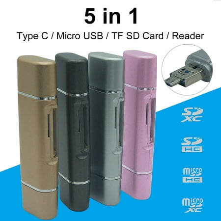 Lifetechs 5-in-1 Type C Micro USB TF SD Card Reader Phone OTG Adapter for MacBook Windows