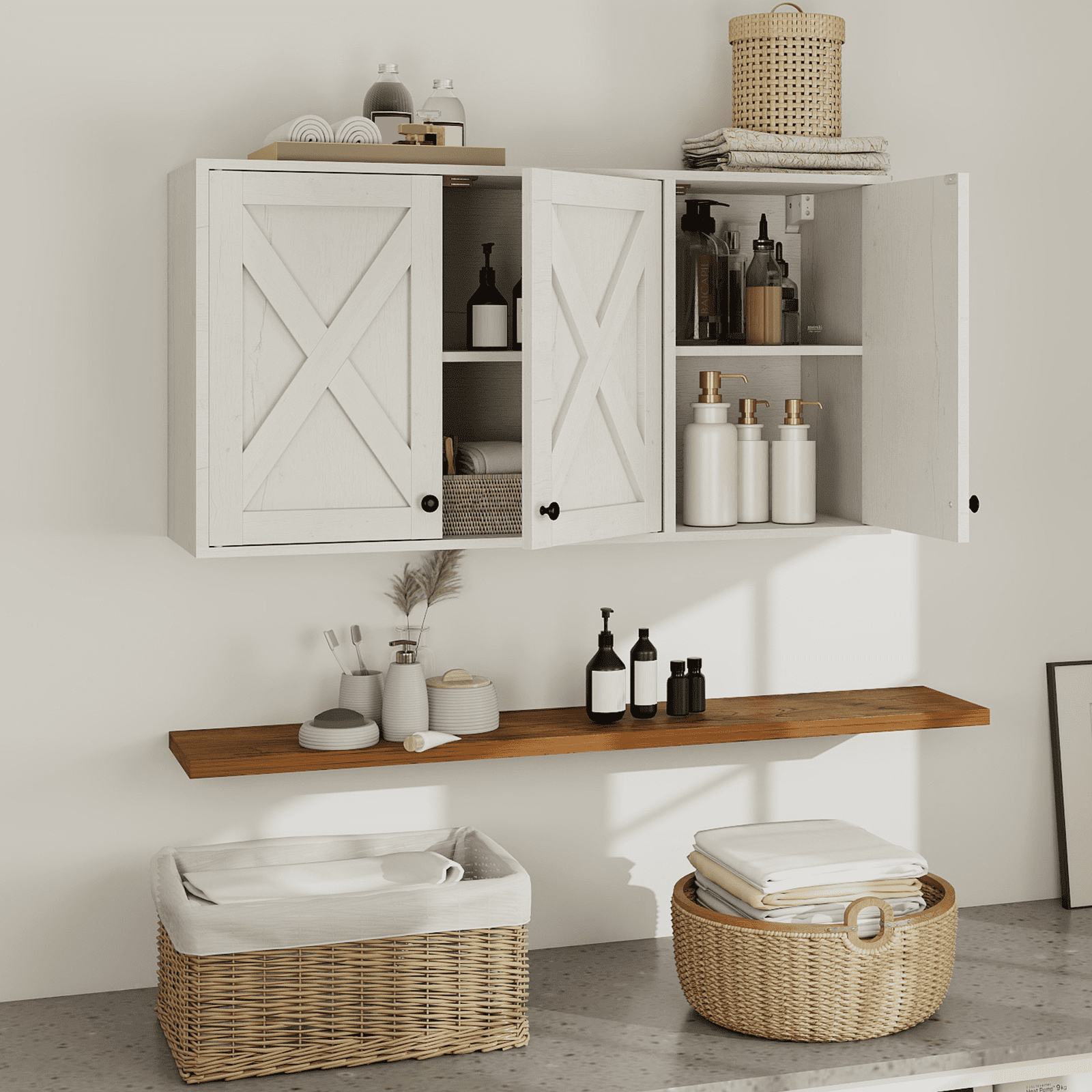 PULUOMIS 36" W Laundry Cabinet, Medicine Cabinet, Bathroom Kitchen Storage Wall Mounted Farmhouse Organizer with Shelves Over Toilet, White