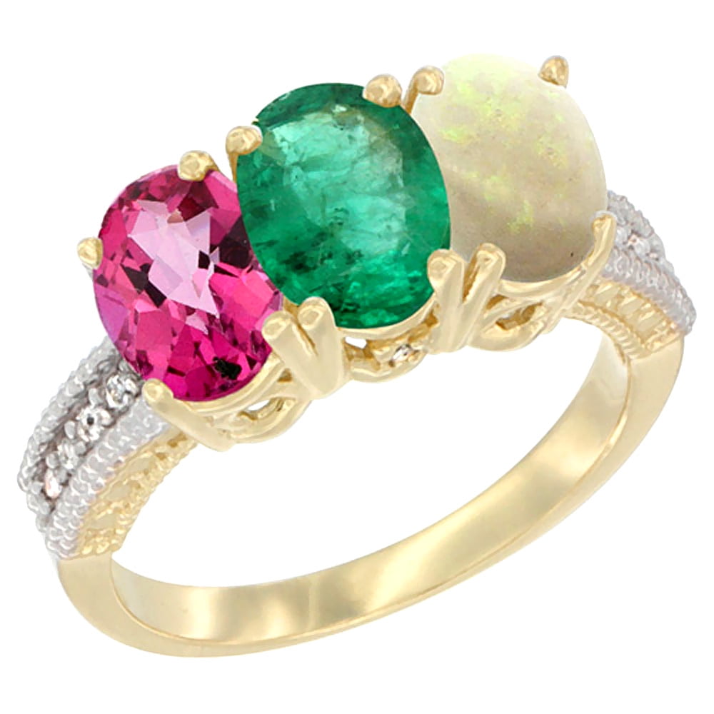 10K Yellow Gold Diamond Natural Pink Topaz, Emerald & Opal Ring 3-Stone 7x5 mm Oval, sizes 5 10 by WorldJewels