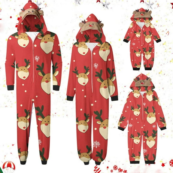 Odeerbi Christmas Onesie Pajamas for Family Holiday Sleep Jumpsuit Long Sleeve Family Christmas Pajamas Matching Sets Mom Printed Loungewear Jumpsuit Sleepwear Xmas PJs Set Red