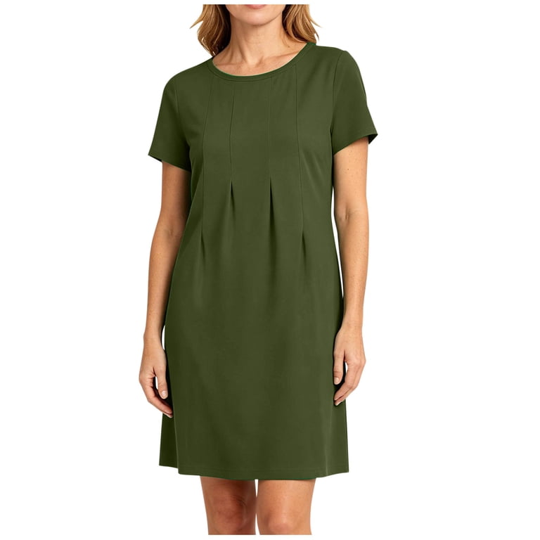 olive green shift dress Summer Dresses for Women Crew Neck Pleated Front Solid Shift Dress Casual  Summer Mini T-Shirt Dress Olive Green L