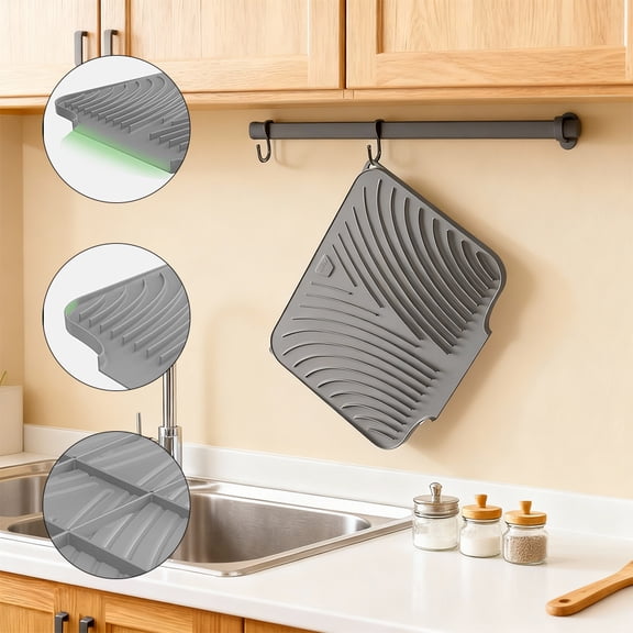 Silicone Dish Drying Mat for Kitchen Counter, Sloped Dish Drainer Mat with Drainage Ridges Grooves, Reliable Support, Non-Slip, Portable, Grey, 14.6" x 11.8"