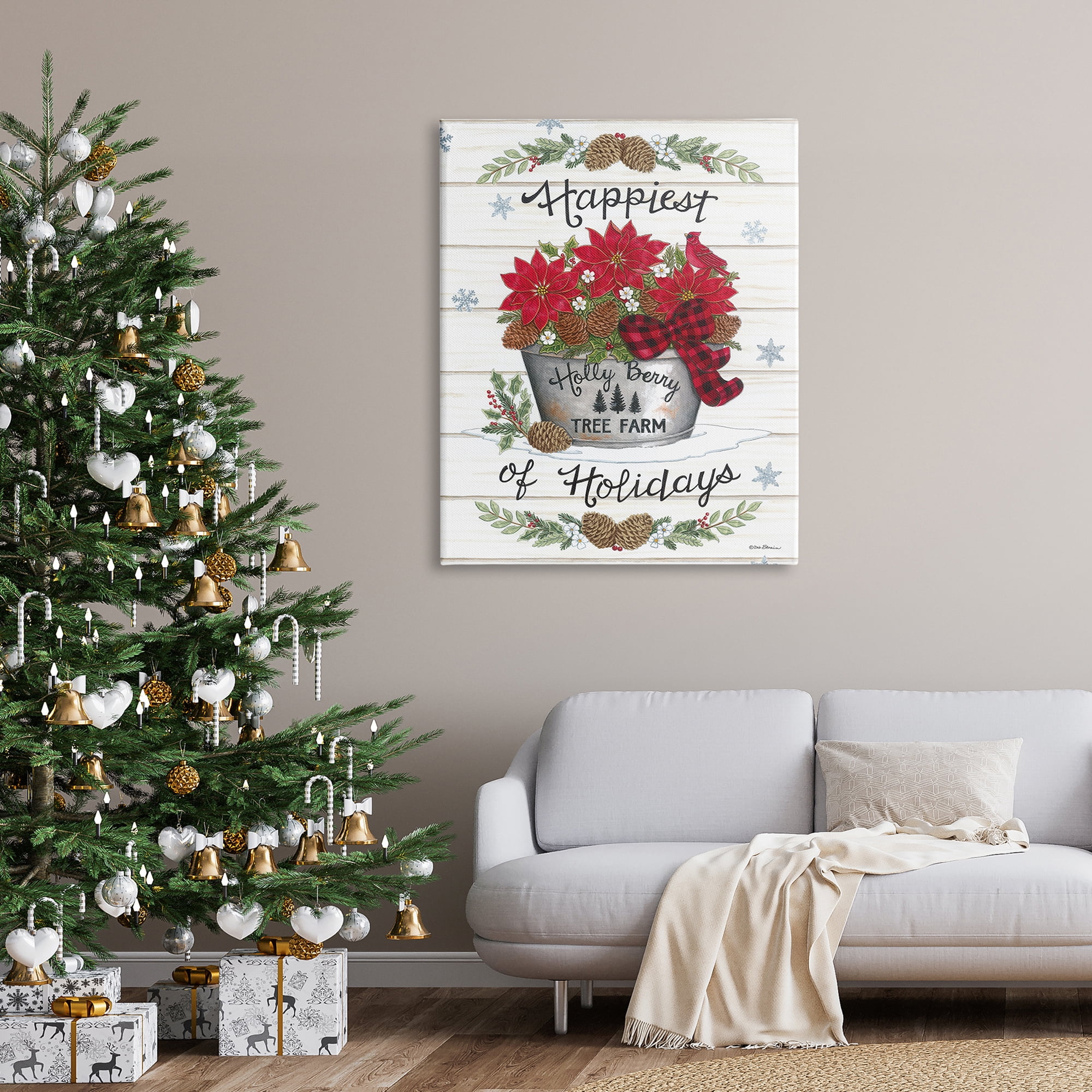Happiest Of Holidays Grainy Pattern Rustic Poinsettia Bouquet Botanical & Floral Graphic Art Gallery-Wrapped Canvas Print Wall Art