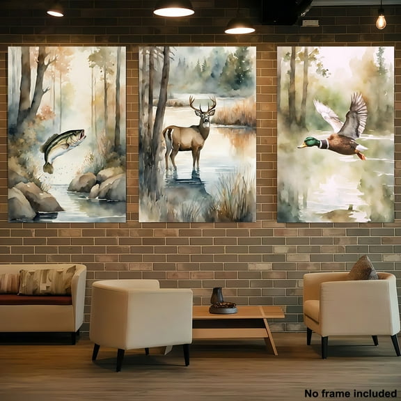 [2D Flat] 3pcs, 2D Frameless Canvas Art, 3pcs Decorative Paintings, Watercolor Duck, Deer and Fish Room Wall Decor, Hunting and Fishing Room Prints, Deer Room Prints, 3pcs Set of Prints, Boy Room De