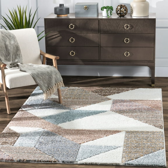 Well Woven Perseus Modern Geometric Squares and Shapes Multi   Color Ivory Area Rug - Ultra-Soft Yarn, Cut & Loop Pile - For Living Room, Dining Room & Bedroom (7'10" x 9'10")
