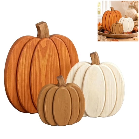VOUKER Fall Decorations for Home, 3pcs Wooden Pumpkin Fall Decor, Farmhouse Autumn Thanksgiving Table Tiered Tray Decorations for Kitchen
