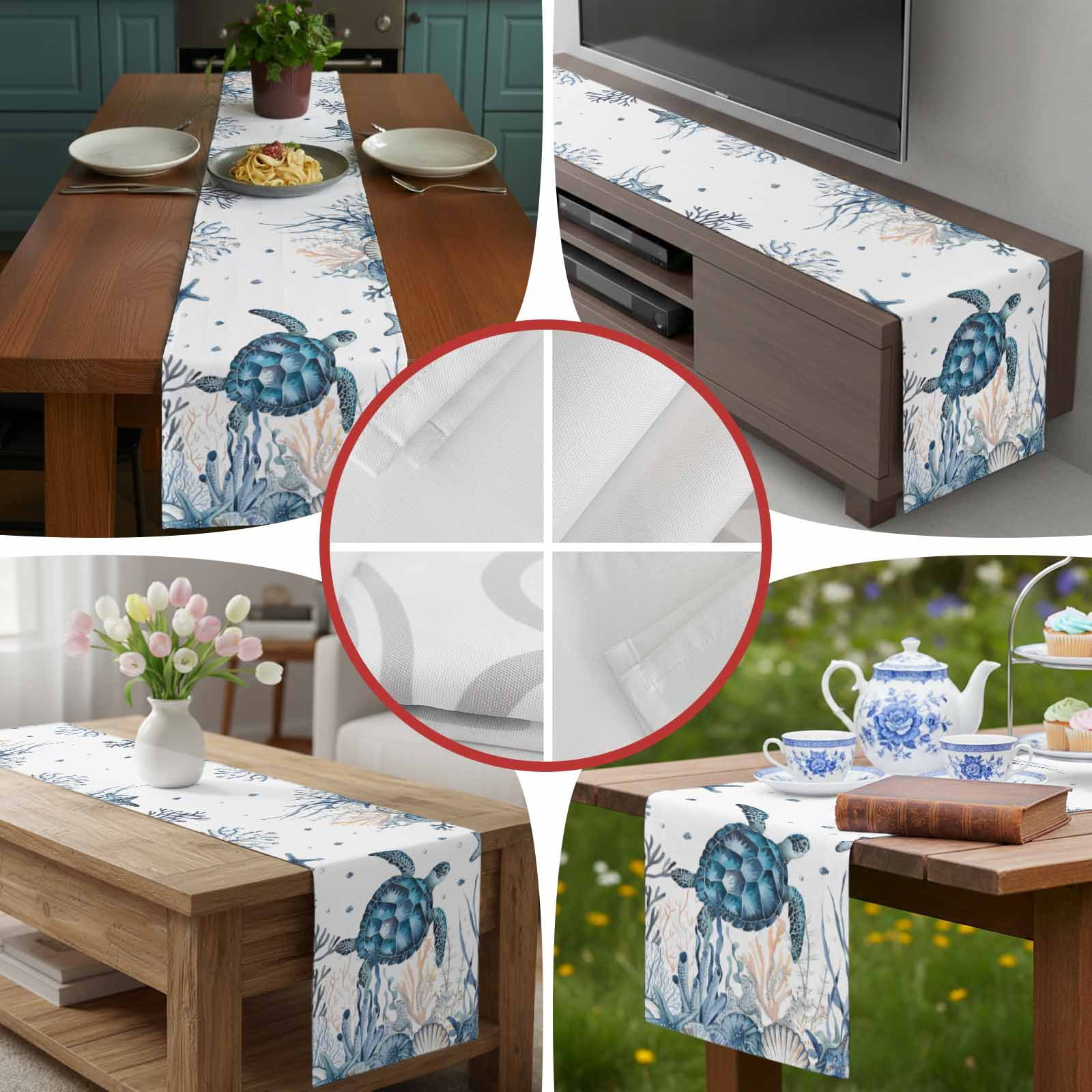 Sea Turtle Starfish Shell Seaweed Table Runner 90 Inches Long, Blue Ocean Marine Life Table Runners Tabletop Scarf Kitchen Dining Tables Decoration for Home Party Indoor Outdoor