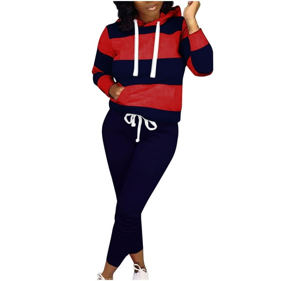 ICHUANYI Women's Trendy Striped 2 Piece Tracksuit Crewneck Long Sleeve Tops Long Sweatpants Outfits Lounge Sets Fall Winter Clothing