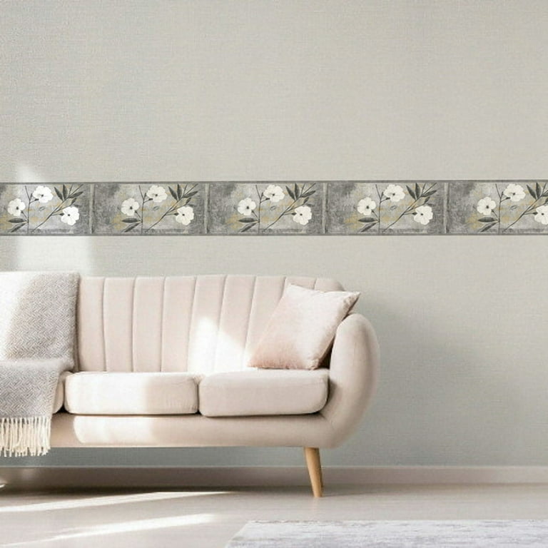 Peel and Stick Wallpaper Border - Floral White, Gray, Brown, Black Abstract Flowers Wall Border Retro Design, 15 ft x 7 in (4.57m x 17.78cm), Self Adhesive Peel and Stick Wallpaper Border - Floral White, Gray, Brown, Black Abstract Flowers Wall Border Retro Design, 15 ft x 7 in (4.57m x 17.78cm), Self Adhesive