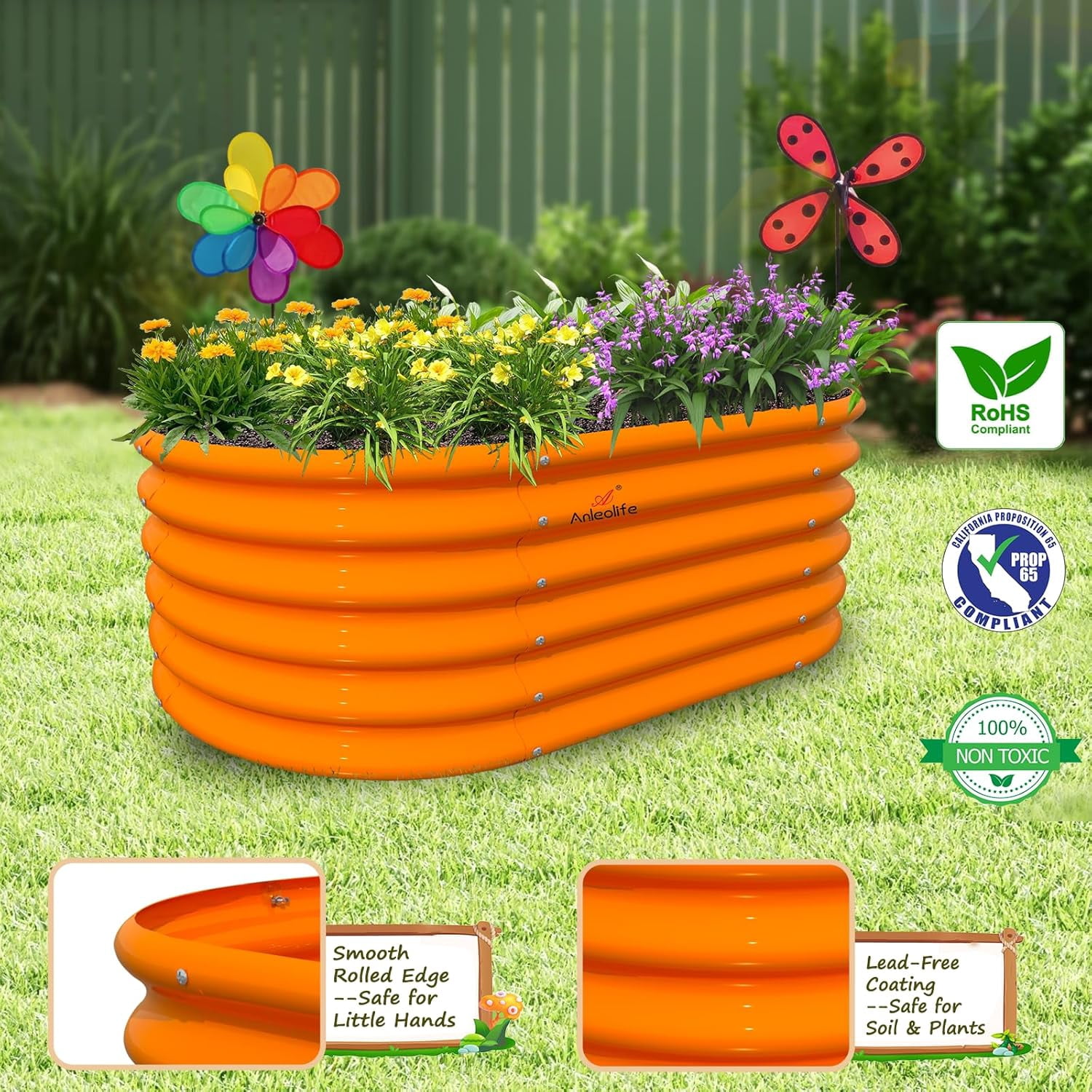 Kids Raised Garden Beds Outdoor (3-Pack)-40x24x18in Oval Round Galvanized Metal Planter Box for Planting Vegetables, Flowers, Fruits, Eco-Safe & Easy Setup, Peach Orange