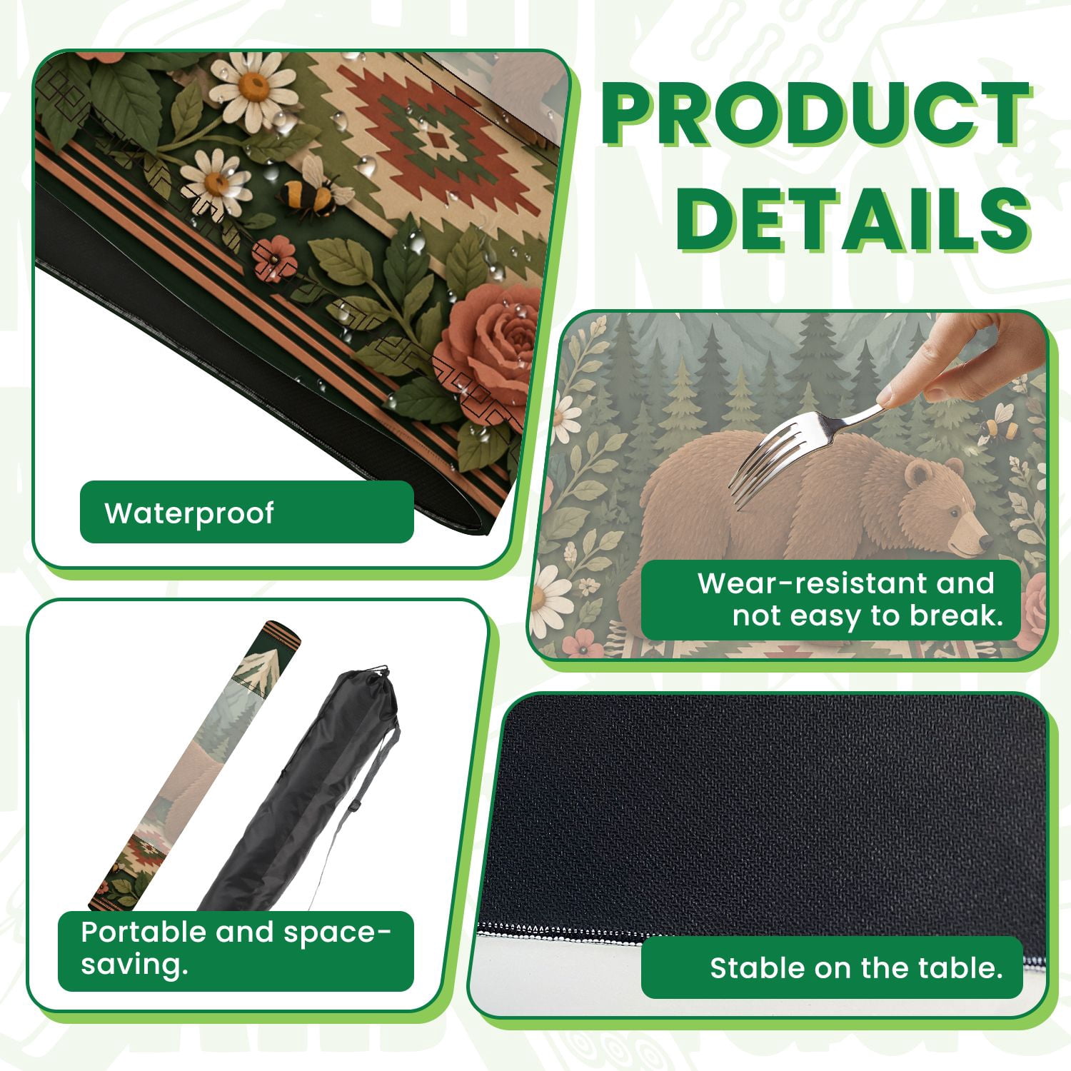 Mahjong Mat 31.5" x 31.5" Bear Forest Mountain Backdrop Floral Frame Non-Slip Noise Reduction American Mahjong Tiles Table Cover for Dominoes Poker Card Board Games Gift