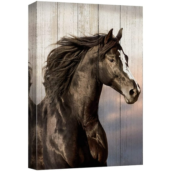 wall26 Canvas Print Wall Art Retro Wood Panel Black Beauty Stallion Nature Animals Digital Art Realism Decorative Farmhouse Zen Rustic Multicolor Wildlife for Living Room, Bedroom, Office - 32"x