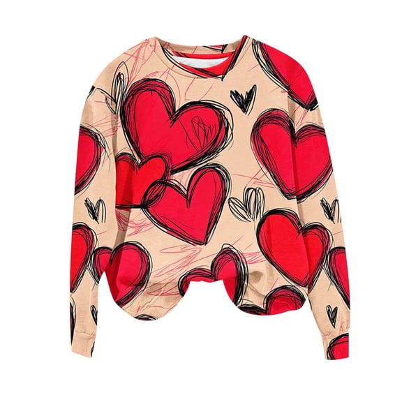 Women's Valentines Day Fleece Lined Sweatshirt Long Sleeve Heart Graphic Print Crewneck Pullover Top for Party Beige 4XL