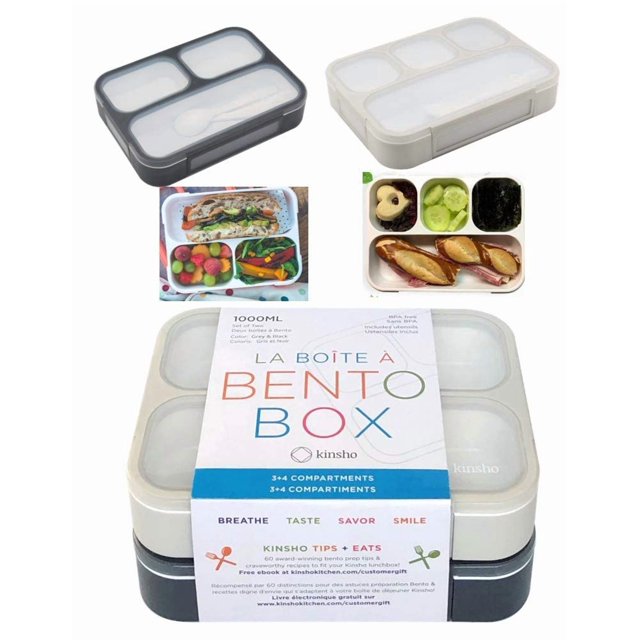 Bento Boxes for Adults | Bento-Box Lunch Set Containers for Meal Prep School or Work for Big Kids, Teens, Women, Men, 3 Compartments Japanese Style | Grey Black Large 2 Pack