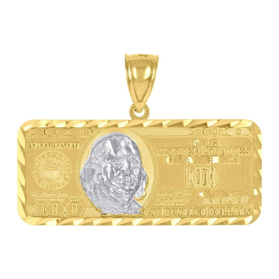 10k 10Kt Two-Tone Gold Mens 100 Dollar Bill Currency Diamond Cut Pendant